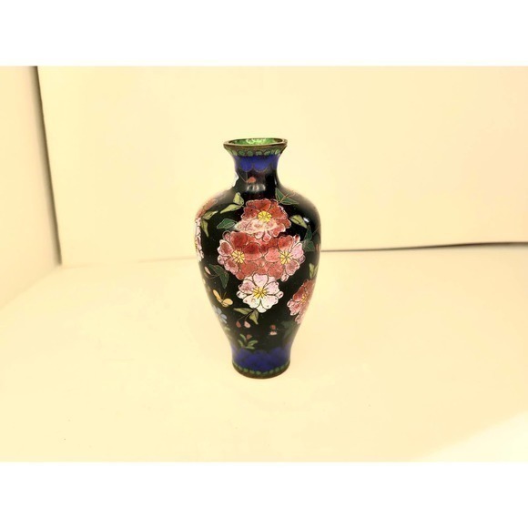 HP‎ Antique Chinese Blue Pink Floral Chrysanthemums Butterflies Cloisonné Vase - Picture 9 of 10